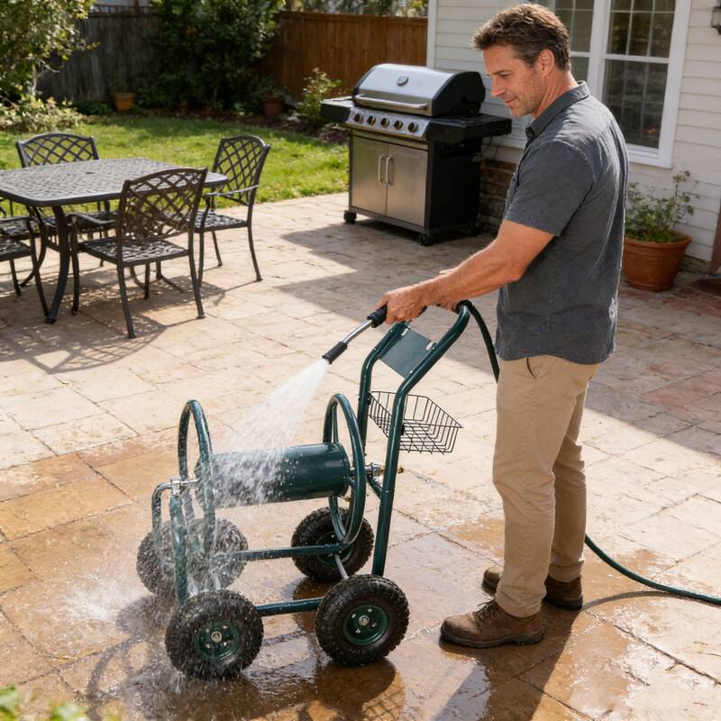 Anmytek Heavy Duty Four Wheel Garden Hose Reel Cart with Large Capacity Steel Reel, Powder Coated Rust Resistant Frame