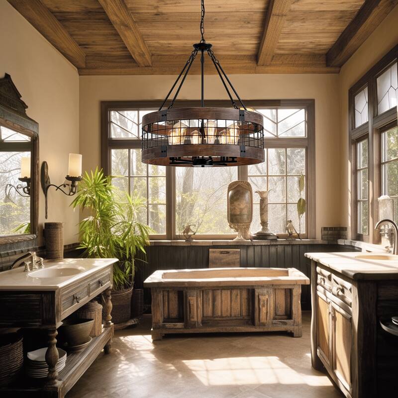 Modern Farmhouse Rustic 6-Light Wood Drum Chandelier for Dinning Room