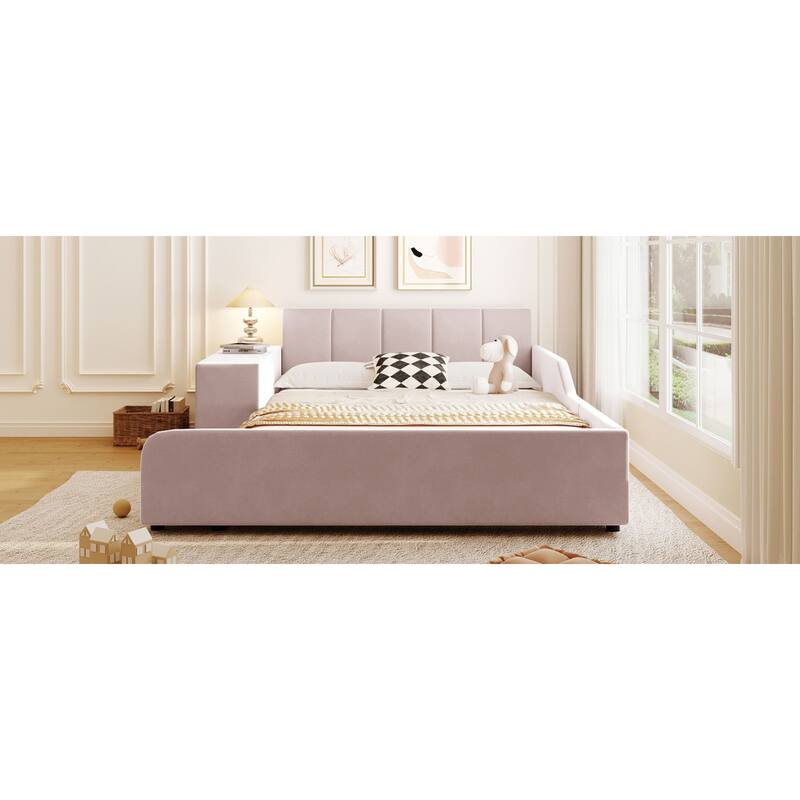 Roomfitters Full/Queen Size Upholstered Grounded Platform Bed with Bedside Desk and Round Stool, Velvet Fabric Bed Frame