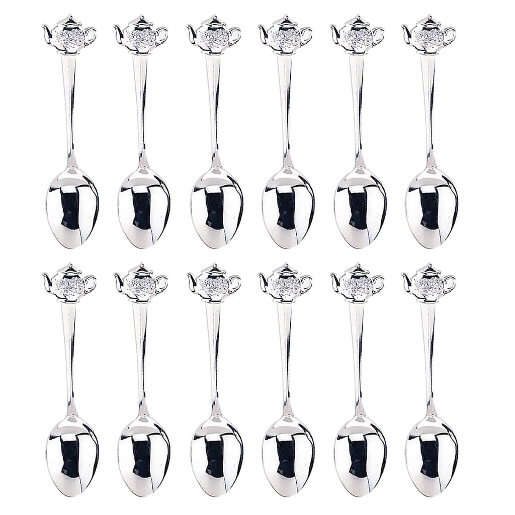 Fino Demi Spoon Set, Teapot Design, Silver Plated Stainless Steel, Set of 12
