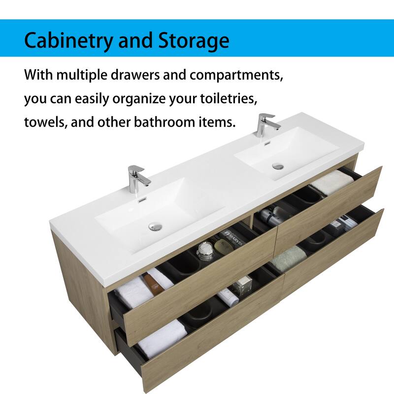 Wall 72" Floating Bathroom Vanity with Sink & and 4 Soft Close Drawers,White/Oak/Grey - 72 inch
