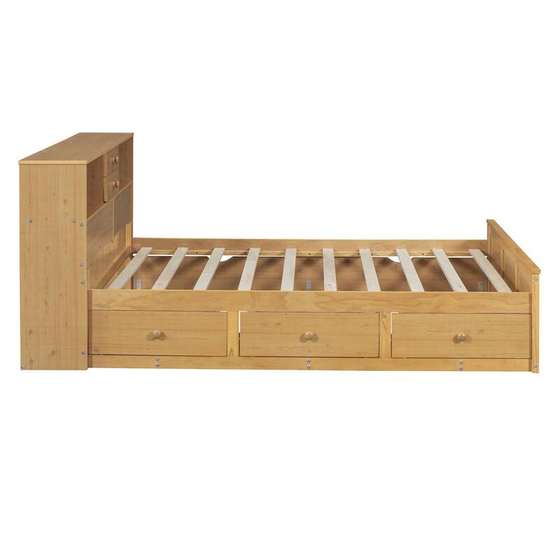 HomeRoots Natural Wood Full Bed Frame With Trundle And Drawers