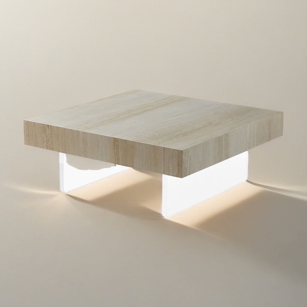 34.65" MDF Coffee Table with Faux Travertine Pattern and Acrylic Legs for Living Room