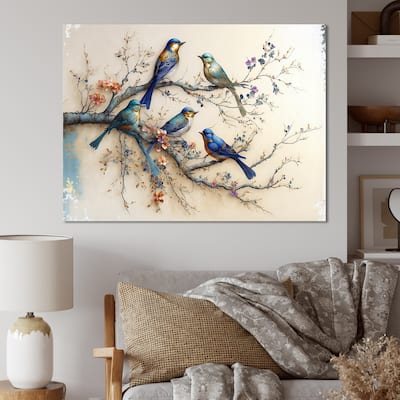 Designart 'Multicolor Birds On Plum Blossoms Tree X' Animals Canvas Wall Art