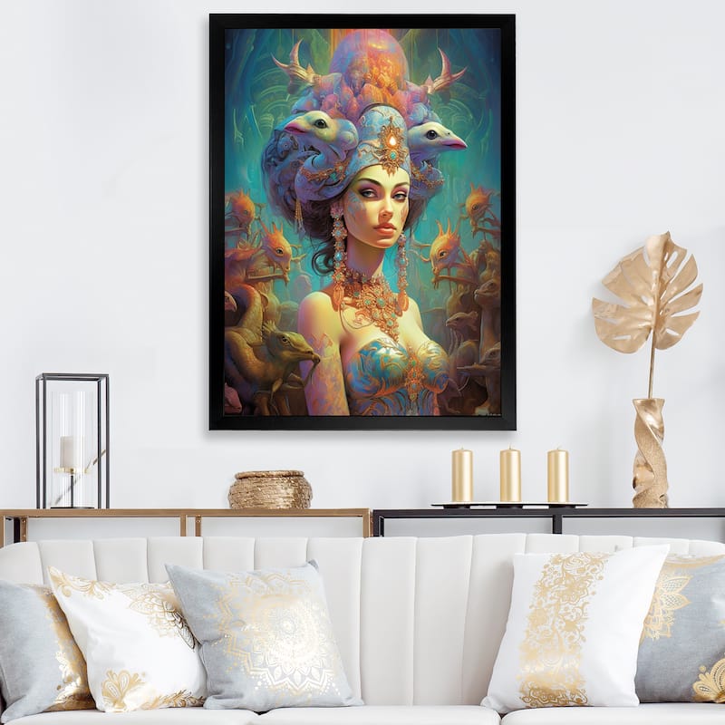 Designart "Exquisite Goddess In Psychedelic Pastels" Fashion Woman Framed Wall Art Living Room - 12 in. wide x 20 in. high - Black