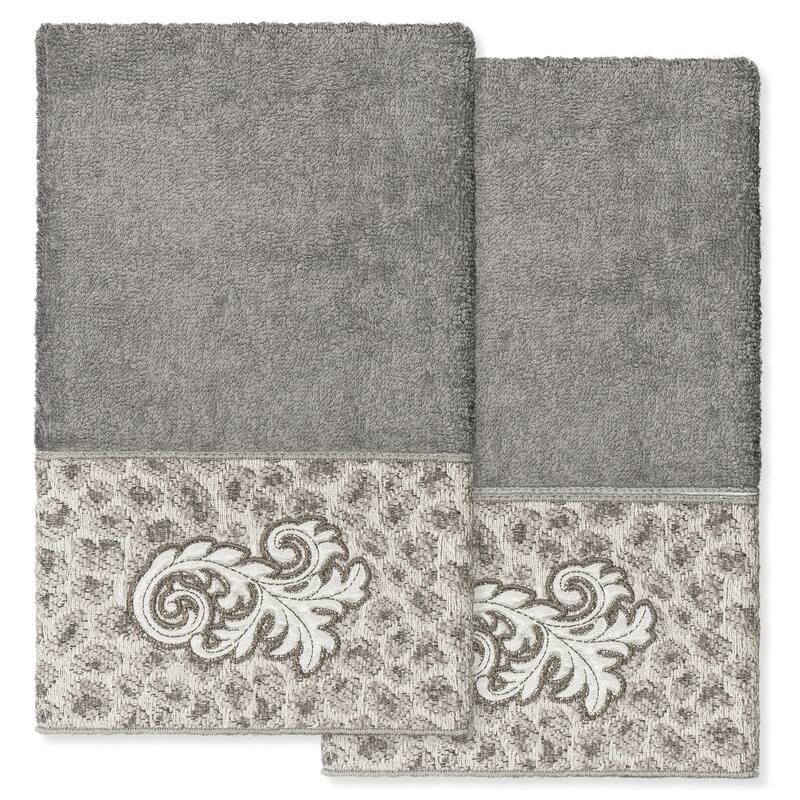 Authentic Hotel and Spa 100% Turkish Cotton April 2PC Embellished Hand Towel Set - Dark Gray