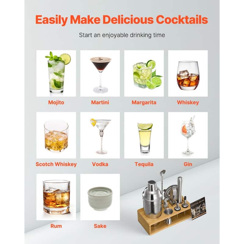10-Piece Cocktail Shaker Kit Stainless Steel Bar Tools for Home Bar - 9.25 x 4.33 x 10.24 in