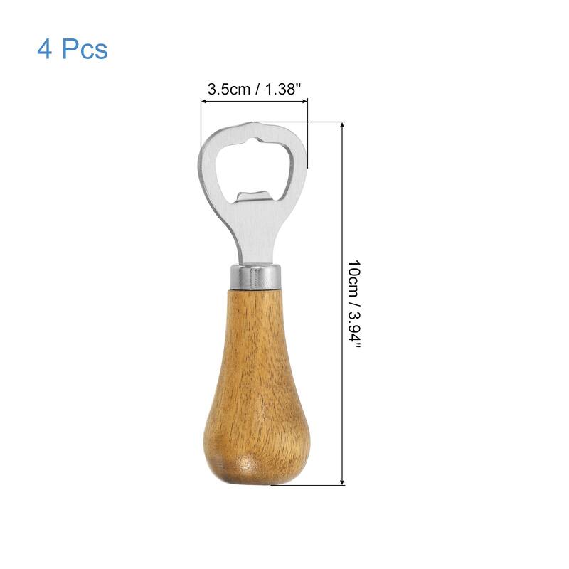 Vertical Bottle Opener, Wooden Handle Stainless Steel Opener - Silver - 4Pcs