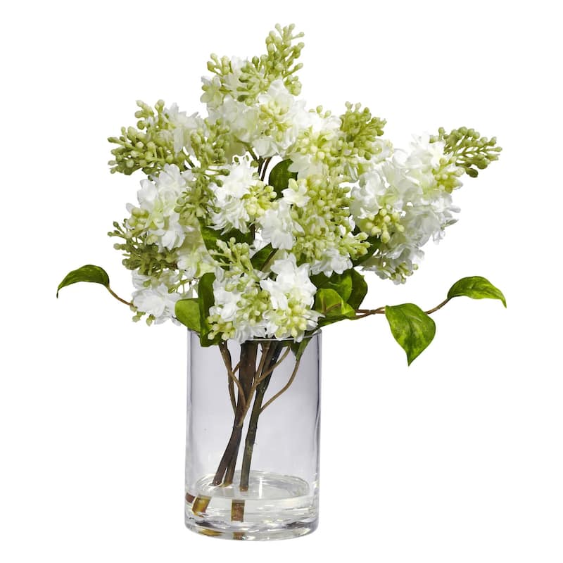 Silk Flower Arrangement Lilac Vase Decor - Faux Lilacs Home Decor Centerpiece - 9" x 9" x 15" - 15