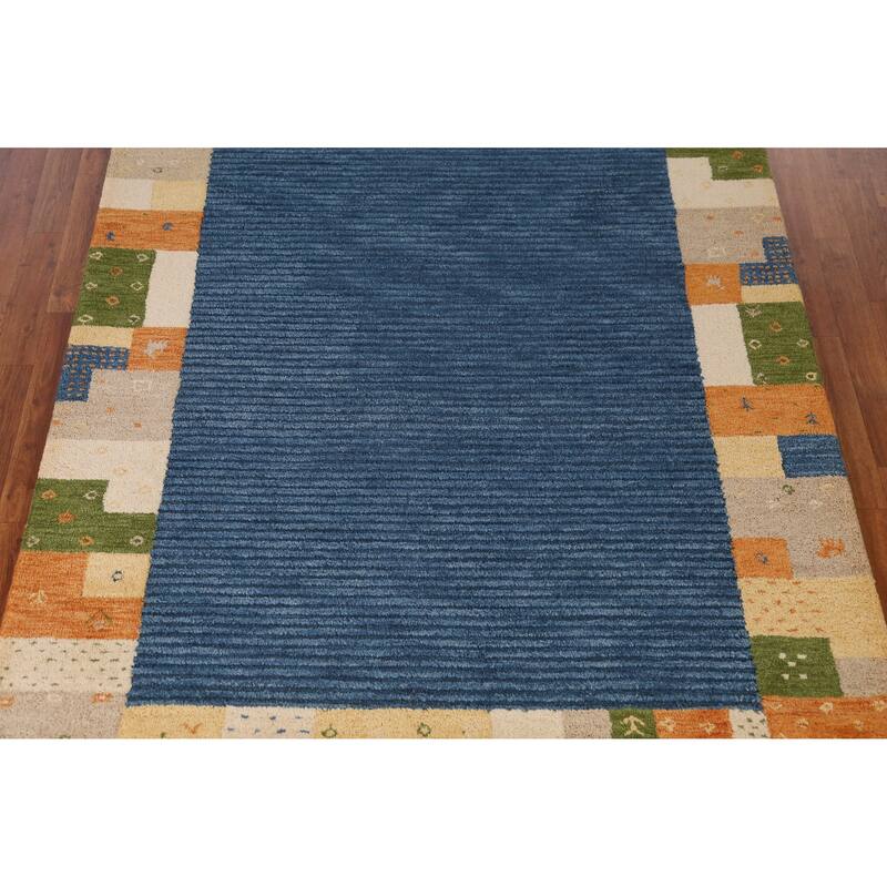 Blue Geometric Gabbeh Indian Area Rug Handmade Border Wool Carpet - 5'3" x 7'7"