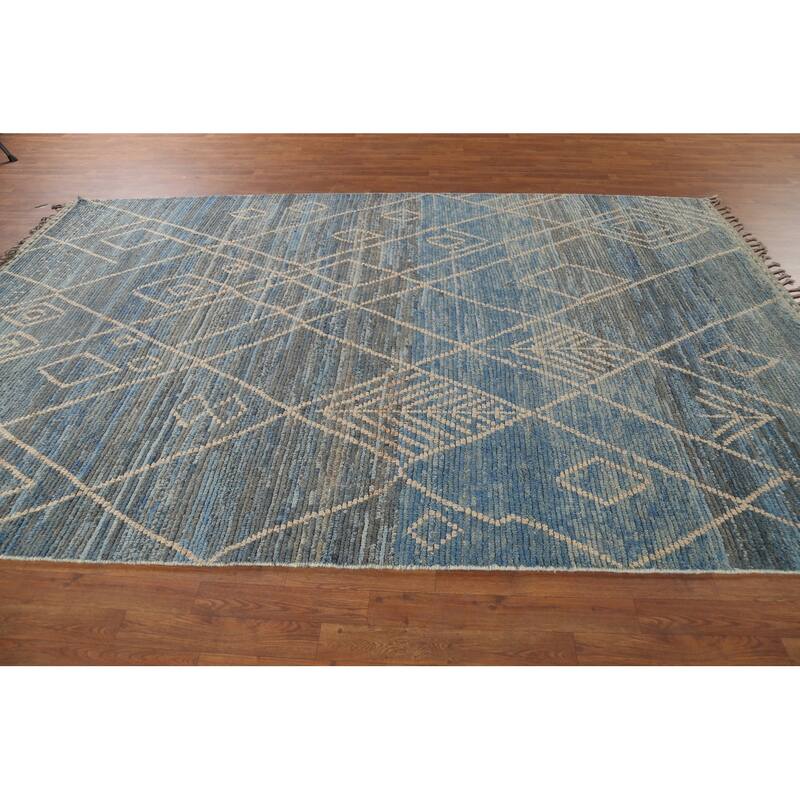 Moroccan Rug Hand-Knotted Blue Abstract Wool Carpet - 7'2"x 10'11"