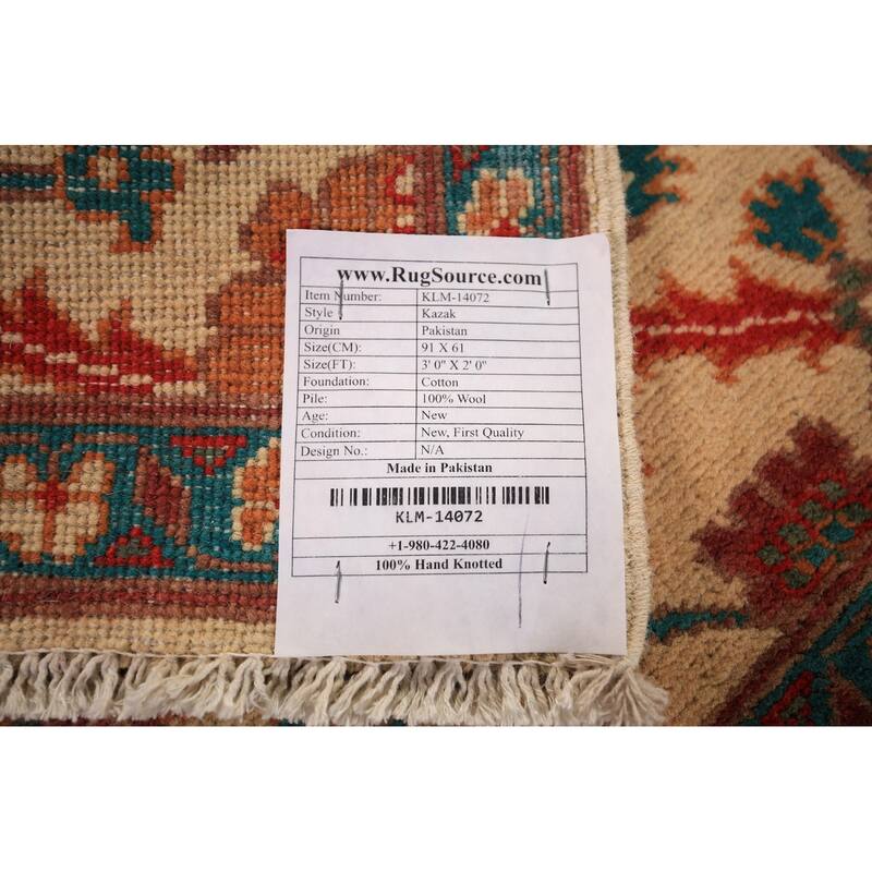 Floral Kazak Foyer Rug Hand-Knotted Yellow Wool Carpet - 2'0" x 3'0"