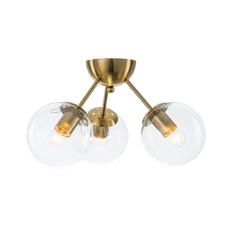 3-Light Brushed Brass Glass Globe Sputnik Semi Flush Mount