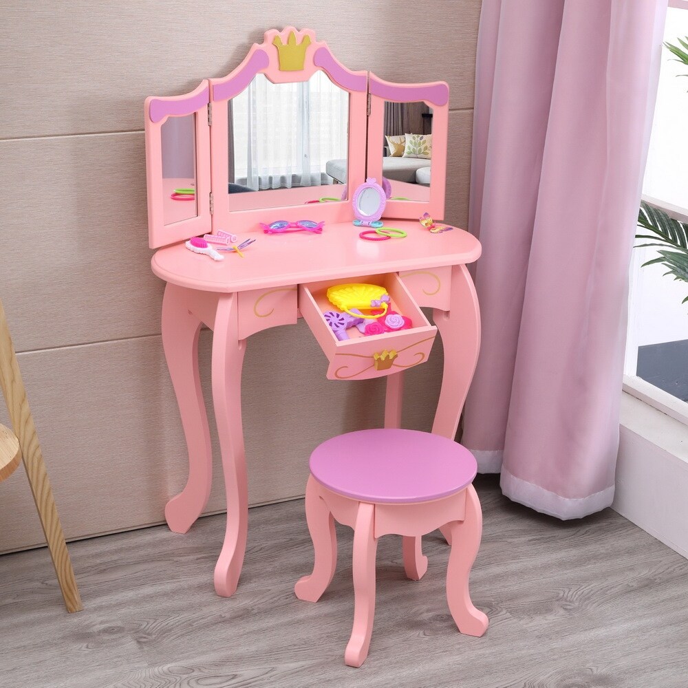 Children S Dressing Table 3 Foldable Mirror Chair Single Drawer Overstock 32593629 Meerveil dressing table with 3 mirror and stool, dresser makeup vanity desk with 4 storage cabinet and drawer,white bedroom velvet dressing table stool makeup seat vanity chair wood legs. overstock com