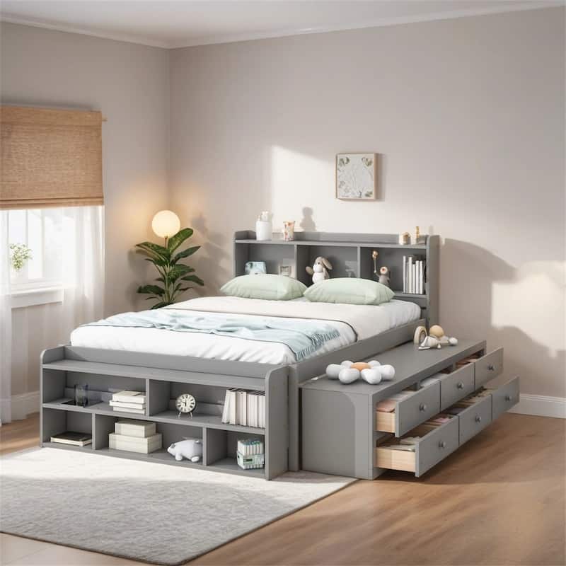 Full Bed w/Bookcase Headboard,Under bed Storage Drawers & Storage Case