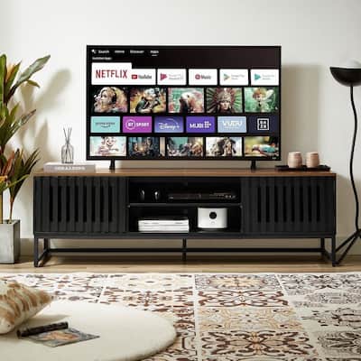 Mid-Century Modern TV Stand with Slatted Grille Striped Doors