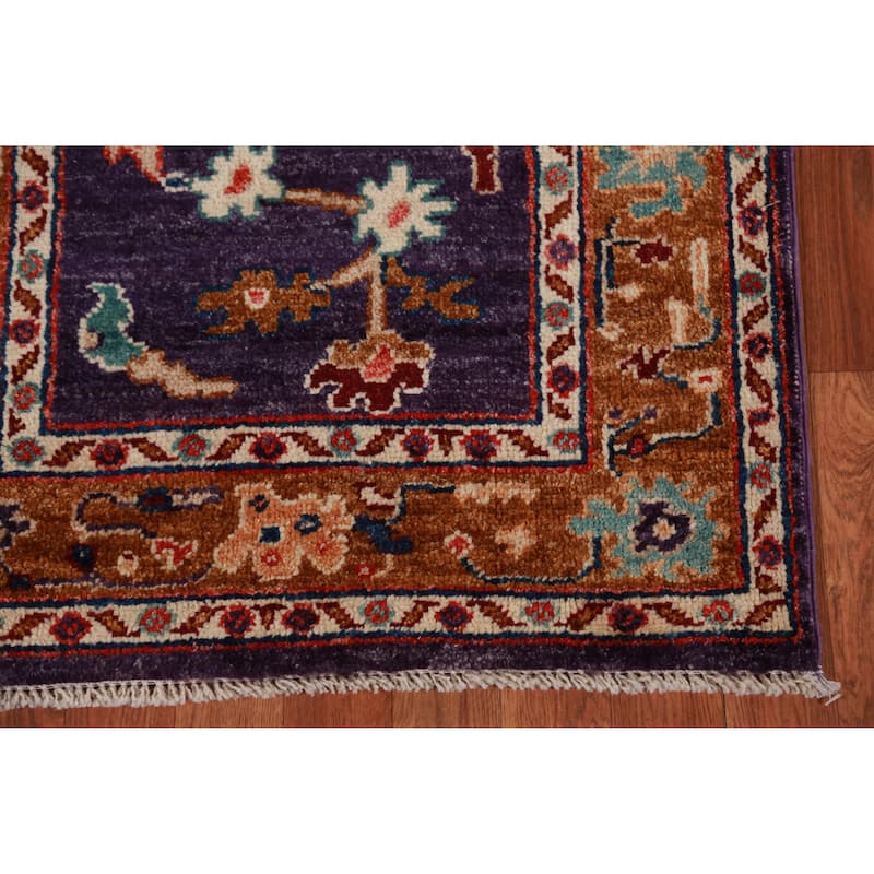 Hand Knotted Oriental 100% Wool Carpet Transitional Floral Purples Oushak Runner Rug - 9' 11'' X 2' 8''