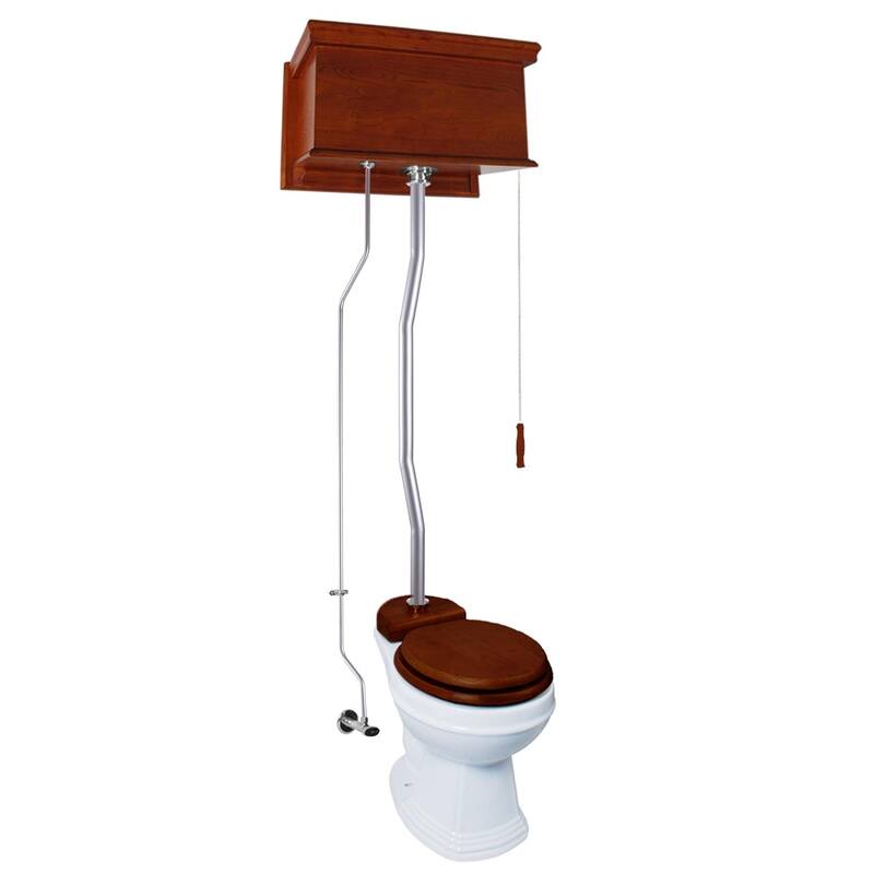 Light Mahogany Wooden High Tank Toilet Flat Tank, White Elongated Bowl and Satin Z Pipe