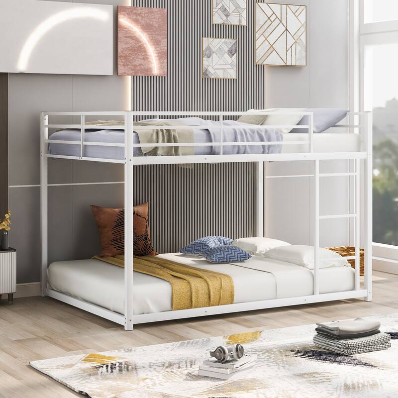 Sturdy Full over Full Metal Bunk Bed with Guardrails and Ladder, White - White - Full