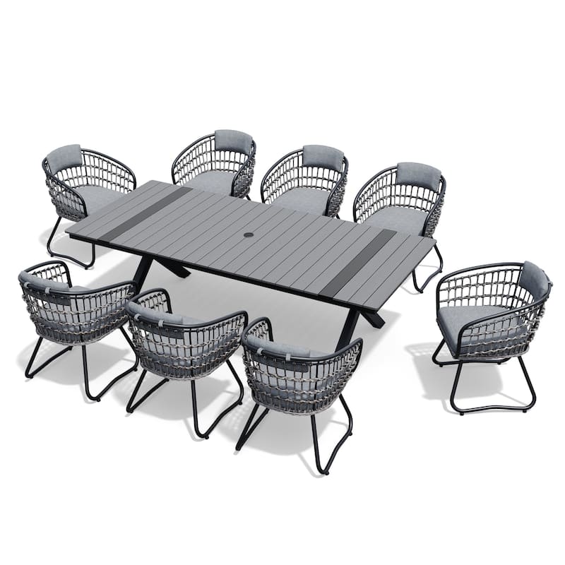 9-Piece Set Outdoor Aluminum Dining Table with Cushioned PE Rattan Chairs
