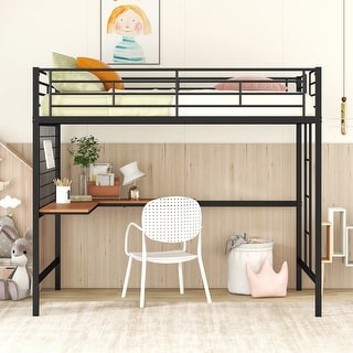 Full Size Metal Loft Bed with Built-in Desk and Grid, Black