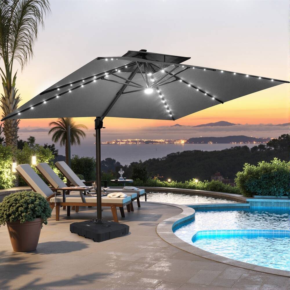 Pellebant 10 x 13FT Outdoor Rectangular Cantilever Patio Umbrella Solar LED Lighted with HDPE Base