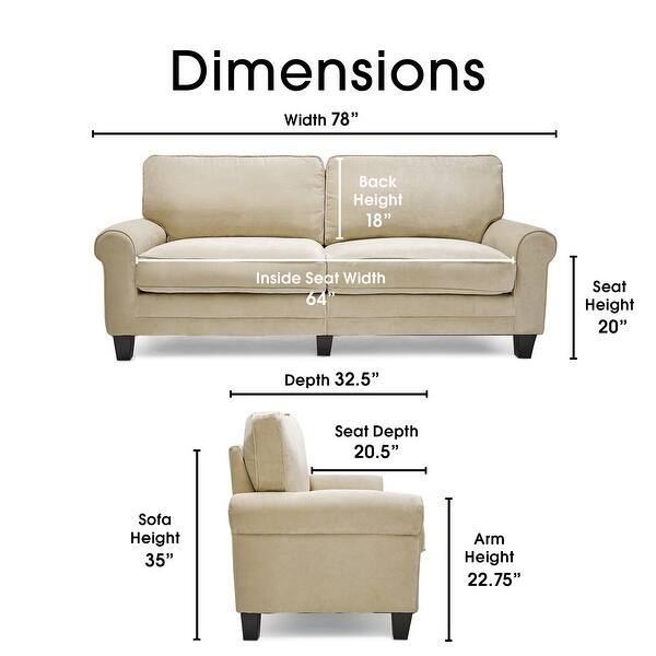 dimension image slide 6 of 11, Serta Copenhagen 78" Sofa Couch for Two People, Pillowed Back Cushions and Rounded Arms, Durable Modern Upholstered Fabric