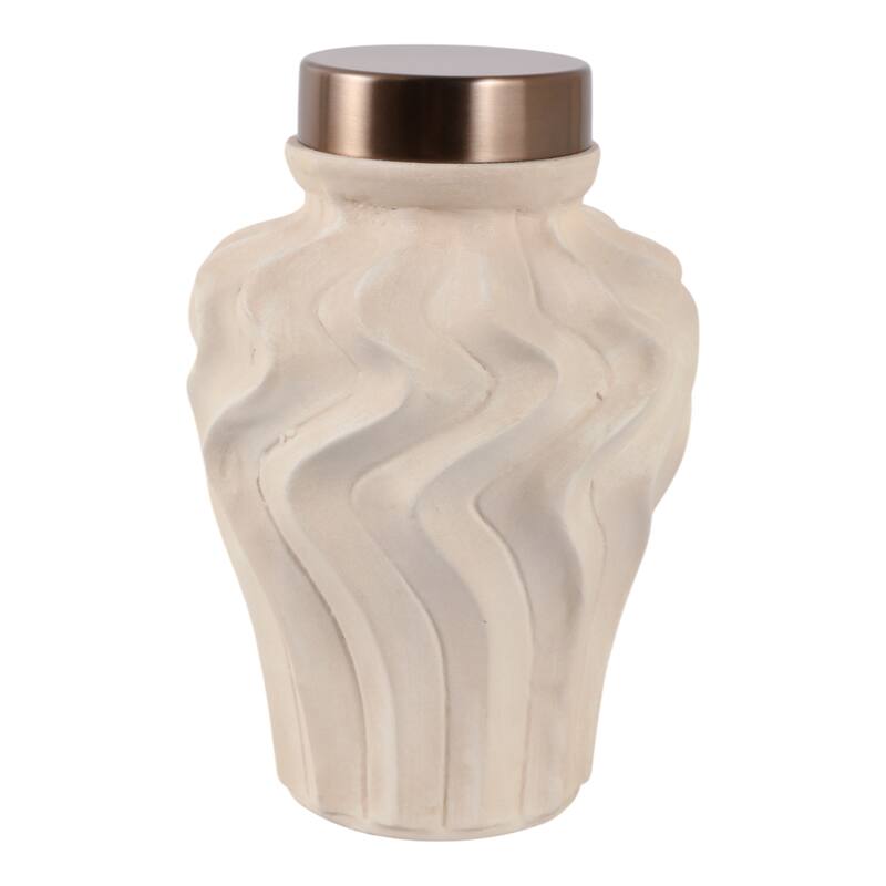 Pottery Jar Wavy Sculpted Tall with Metallic Lid Decorative Accent