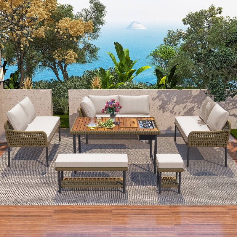 6 Piece Outdoor Sectional Sofa Set with Acacia Wood Table with Ice Box