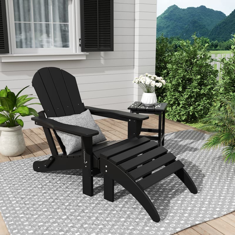 Polytrends Laguna Hdpe All Weather Outdoor Patio Foldable Adirondack Chair With Ottoman And Side Table (3-Piece Set) - Black