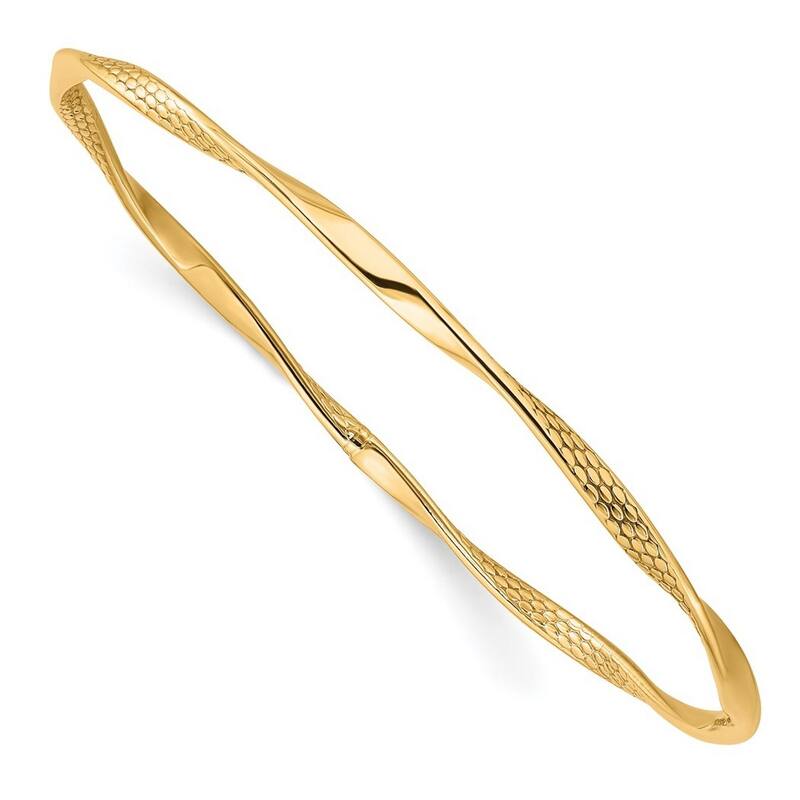Curata 10k Yellow Gold 8" 3mm Textured Twisted Slip-on Bangle Bracelet