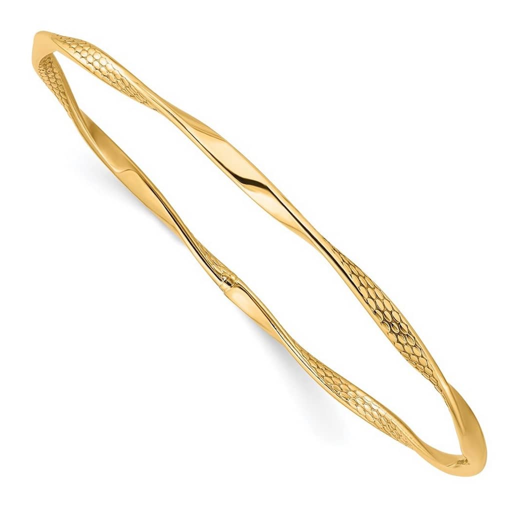 Curata 10k Yellow Gold 8" 3mm Textured Twisted Slip-on Bangle Bracelet