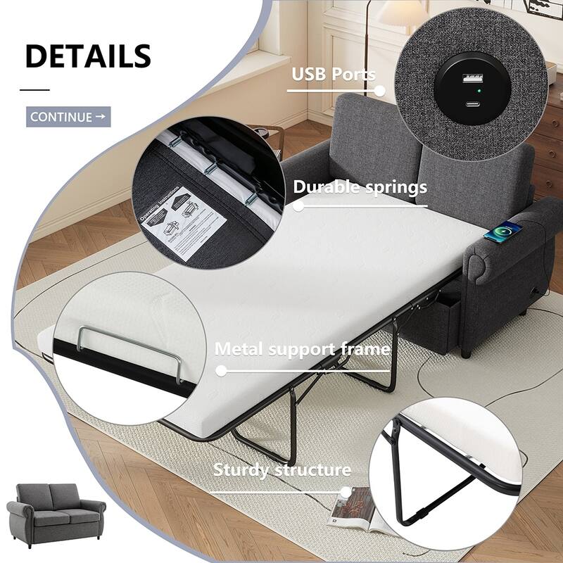57.9" Pull Out Sofa Bed Loveseat Sleeper with Twin Memory Mattress
