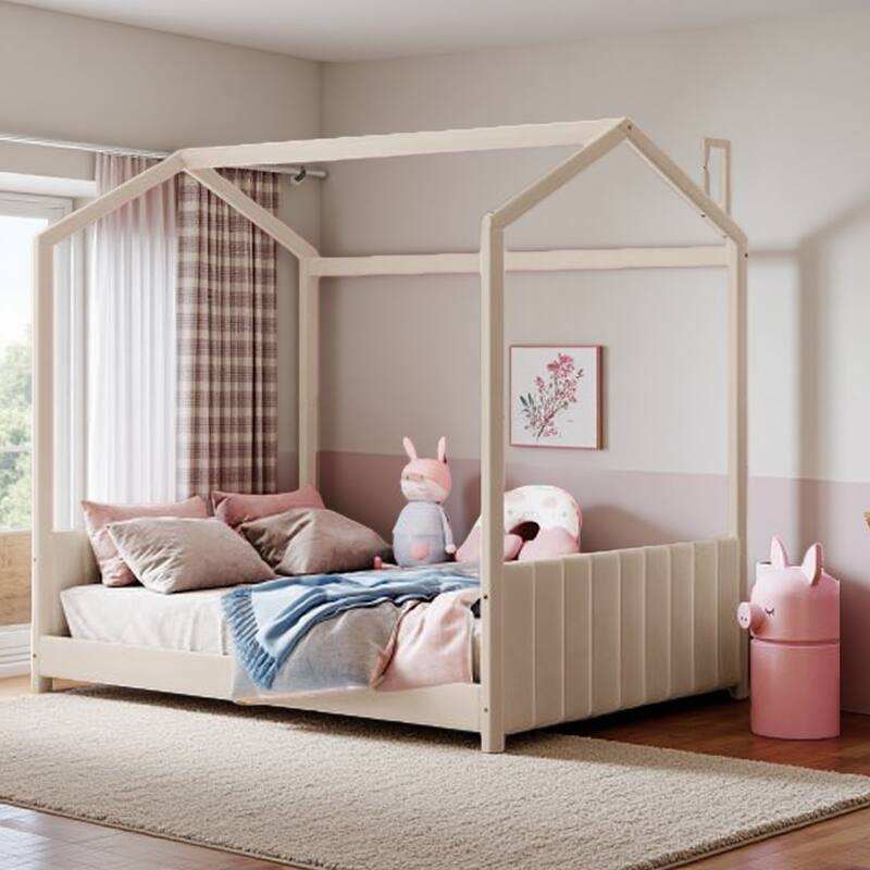 Beige Full Size Velvet House Bed Frame for Kids with Roof Design & Modern Headboard, Solid Wood Construction