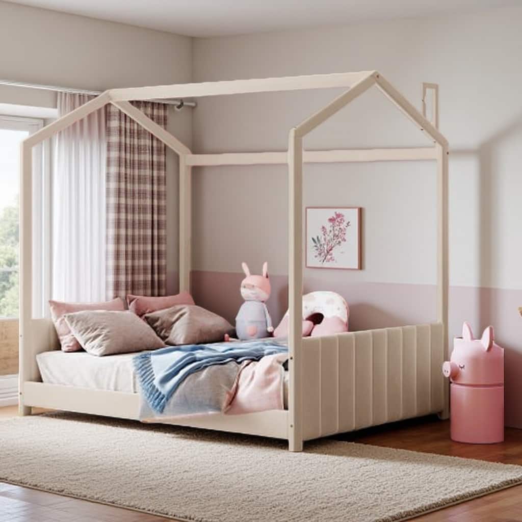 Beige Full Size Velvet House Bed Frame for Kids with Roof Design & Modern Headboard, Solid Wood Construction