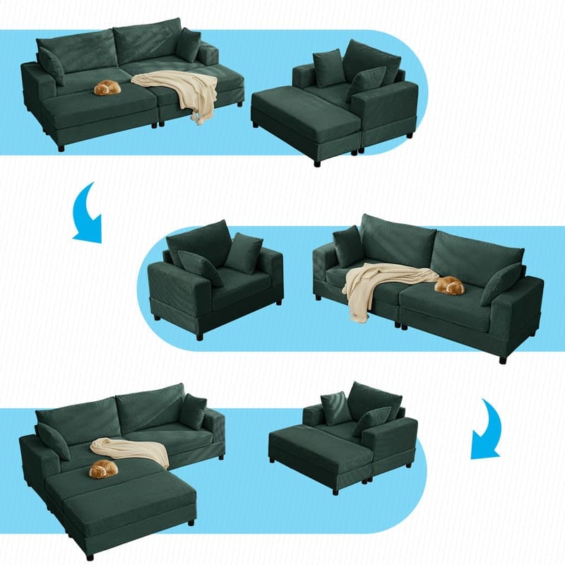 Mixoy Extra-Large Corduroy Upholstered Modular Sectional Sofa Set,Deep Seat Sleeper Chair with Ottoman - 2+1