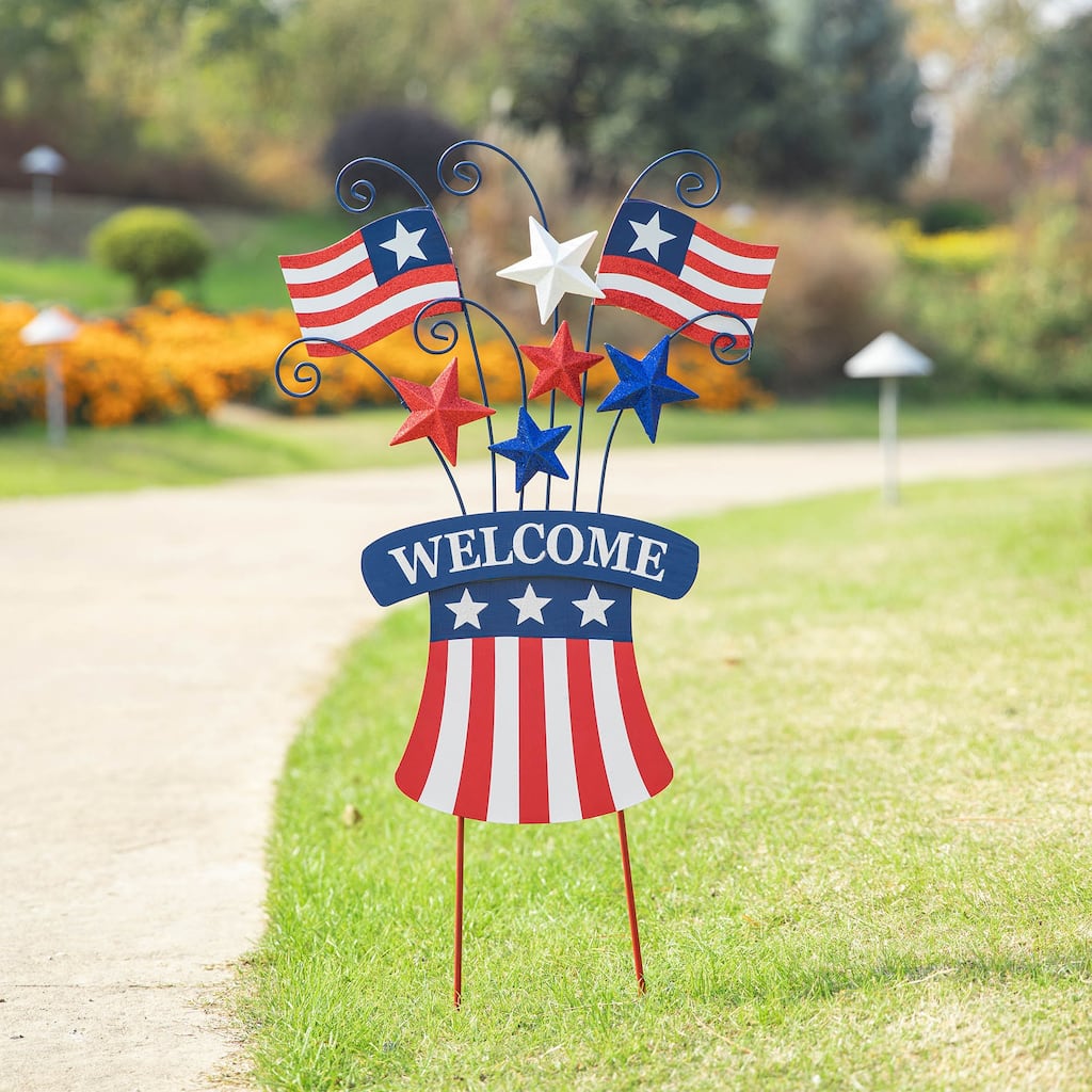 Glitzhome Metal Americana Stars Stripes Yard Stake Wall Sign with Welcome Flag