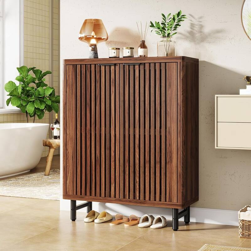 6-Tier Bathroom Floor Cabinet 2 Shutter Doors Adjustable Shelves Wooden Storage Sideboard for Kitchen/Living Room