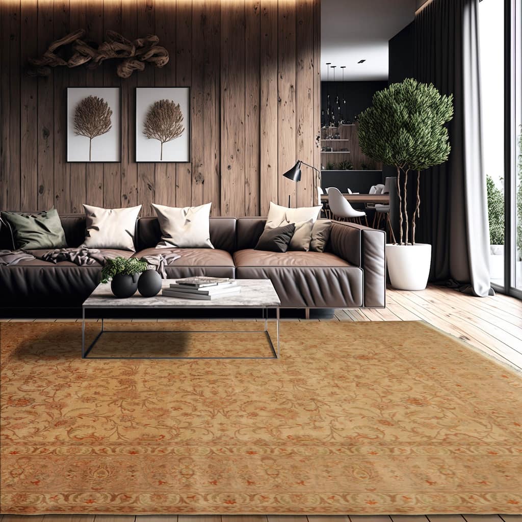 100% Wool Tan 250 KPSI Hand-Knotted Traditional Oriental Rug - 8' 8'' x 11' 9''