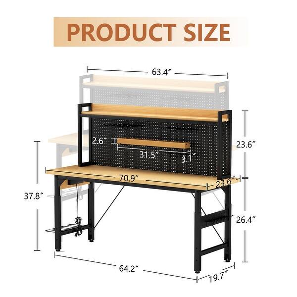71''Adjustable Workbench with pegboard (Not Include Stools) - Natural ...