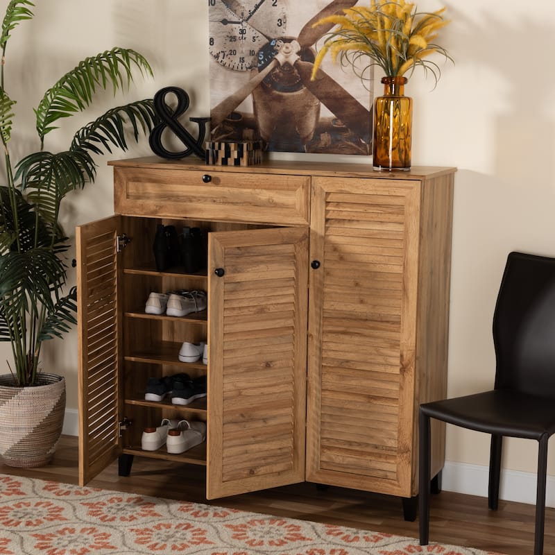 Coolidge Modern Shoe Storage Wood Cabinet with Drawer-Oak Brown