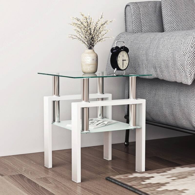 1-Piece Modern Tempered Glass Tea Table Coffee Table End Table, Square Table for Living Room - White