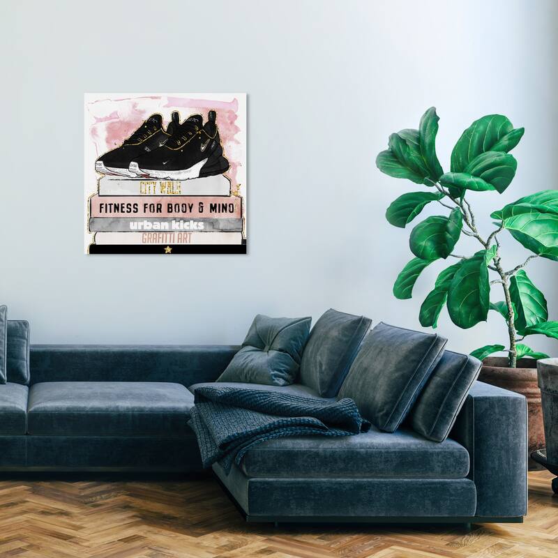 Wynwood Studio Canvas Fashion and Glam Sporty Shoes on Books Black and Modern & Contemporary Wall Art Canvas Print - 30 x 30