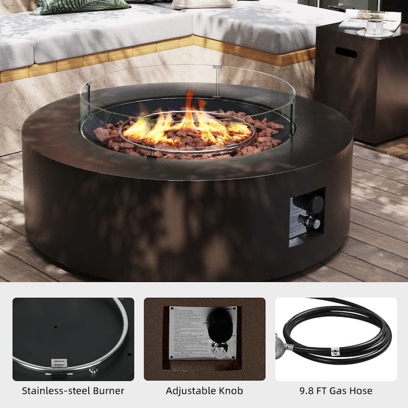Patio Watcher Outdoor Brown Iron Fire Pit Table with Metal Lid and Propane Tank Cover，Glass Wind Guard Option