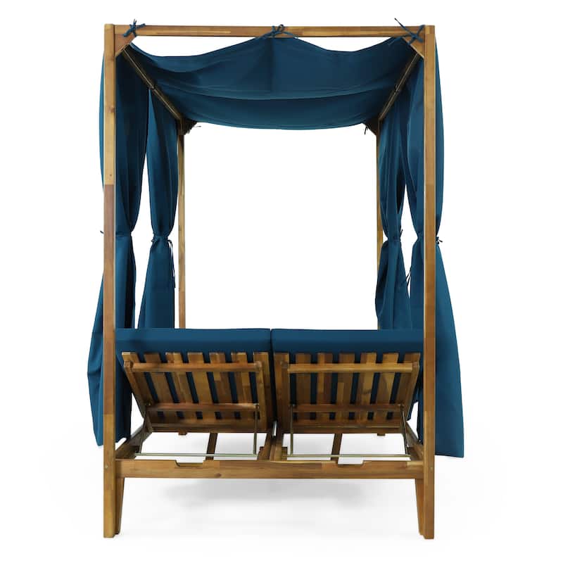 Kinzie Outdoor 2-seat Adjustable Acacia Daybed with Curtains by Christopher Knight Home - 51.25" L x 78.75" W x 78.75" H