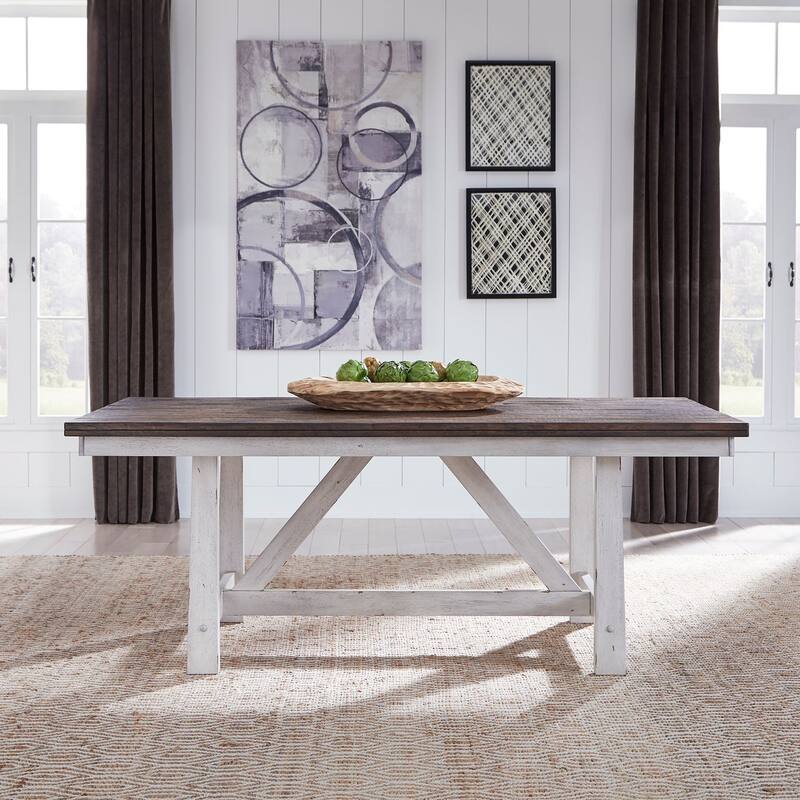 Farmhouse Fixed Top White Trestle Table for Dining Room 78" Length - Width 40" x Depth 78" x Height 30" - Width 40" x Depth 78" x Height 30" - Two Tone White with Wood Tone Top