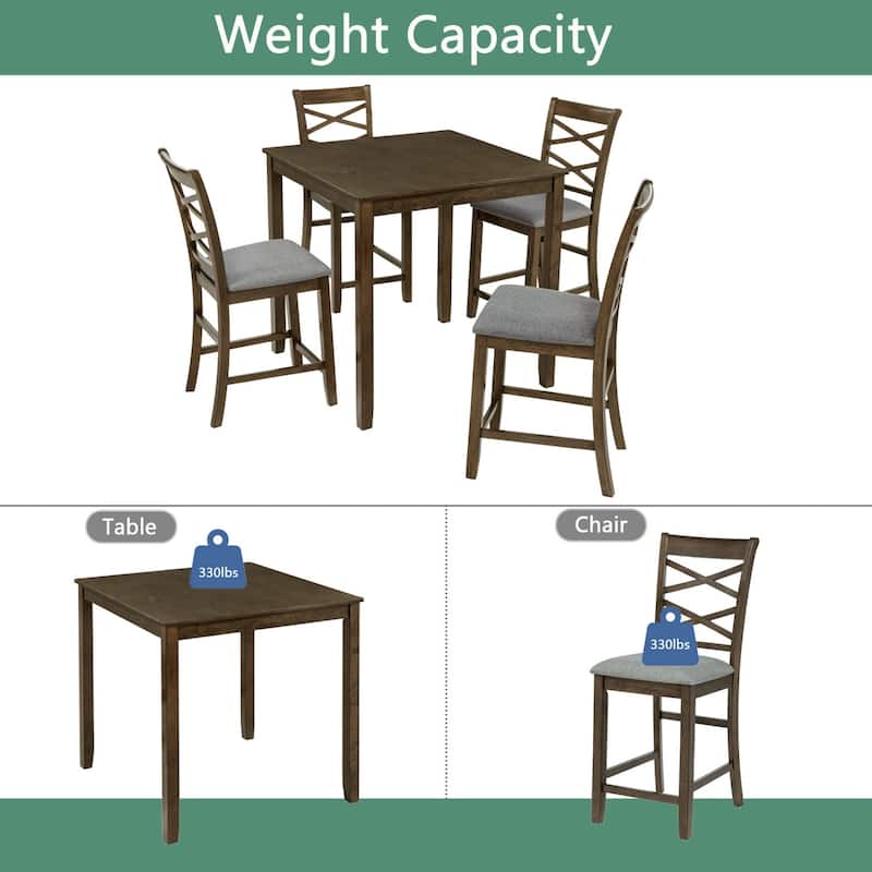 5-Piece Dining Set, 34.5" Wooden Counter Height Dining Table with 4 Chairs