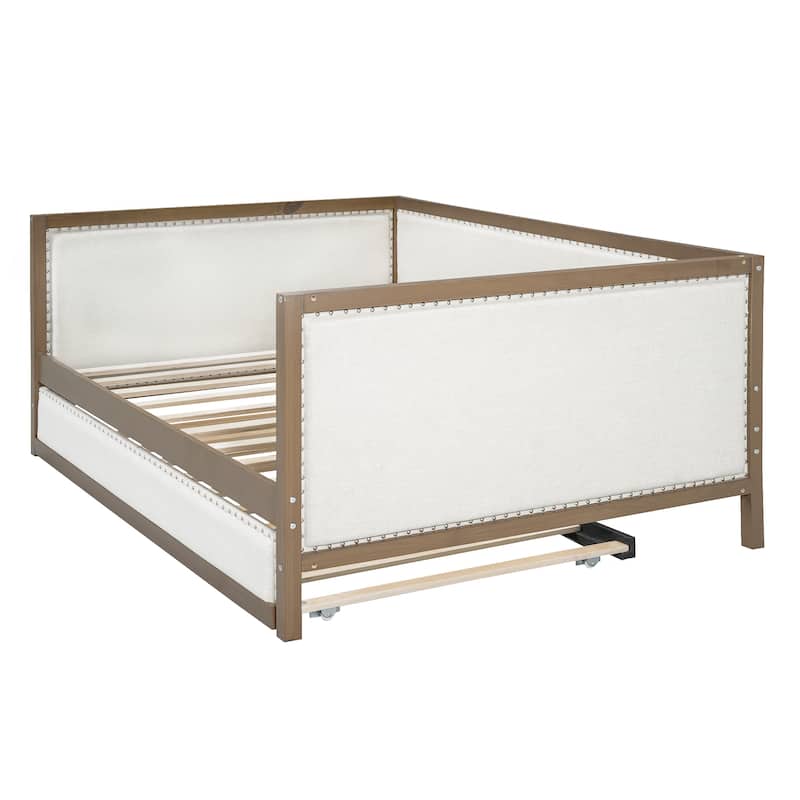 Bedroom Nailhead Decoration Upholstered Bed Frame, Full Size Daybed with Wood Slat Support Pull-out Trundle Bed, White