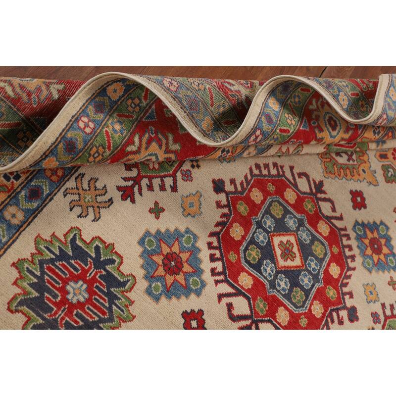 Geometric Kazak Area Rug Hand-Knotted Beige / Ivory Wool Carpet - 6'5" x 9'8"