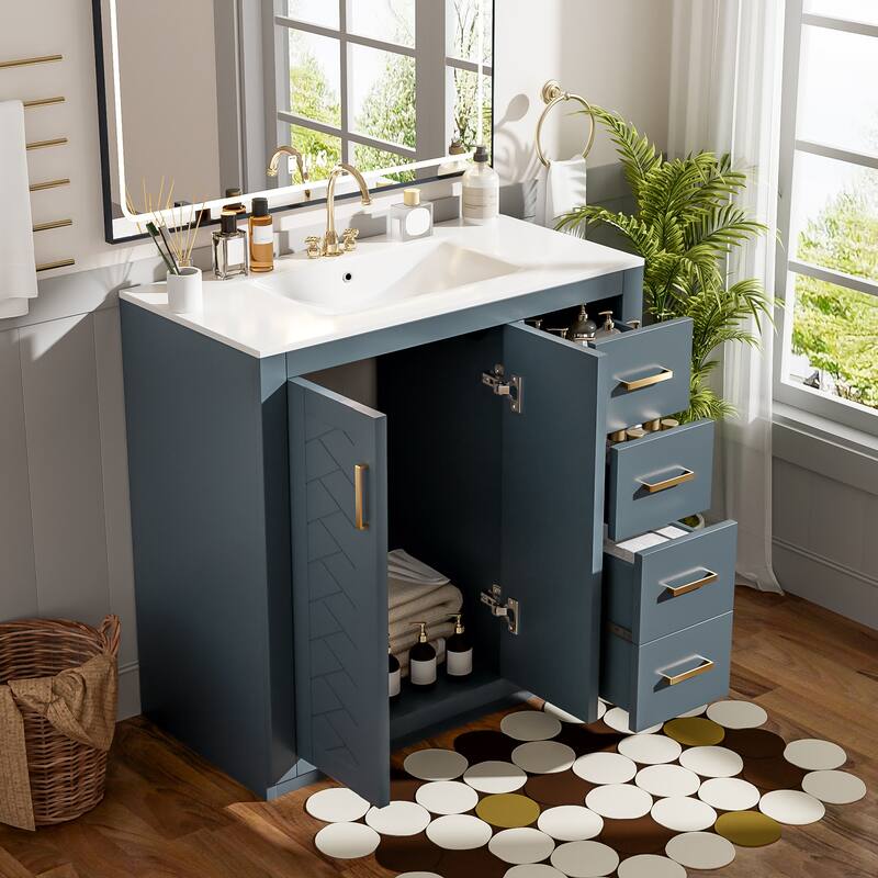 GDFStudio 36'' Bathroom Vanity with Ceramic Sink,Freestanding Vanity Set with 3 Drawers& Soft Closing Doors - Blue